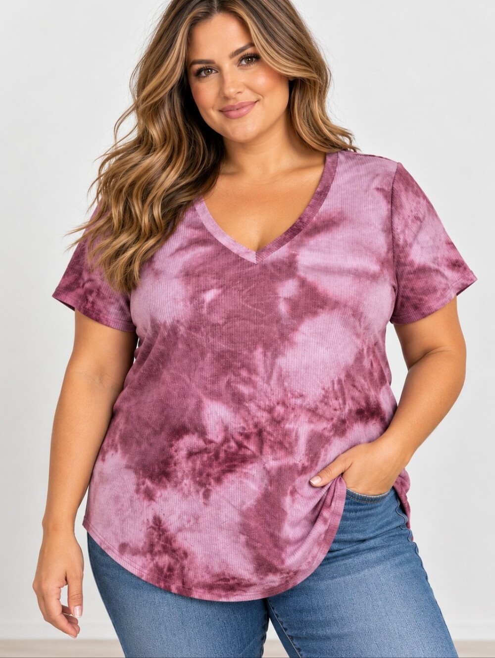 Tie-Dye Ribbed V-Neck Short Sleeve Top Women's 2XL Dusty Mauve Pink Like New